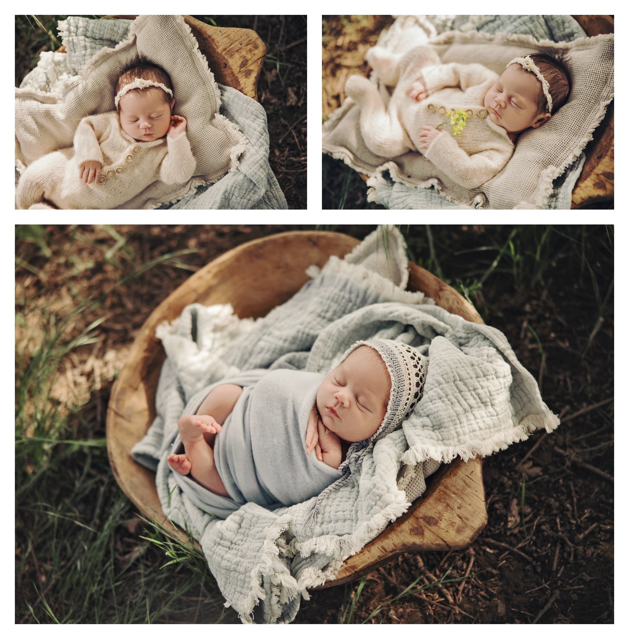 A three-image outdoor newborn collage; the top frames show a baby sleeping in a knit romper inside a wooden bowl, and the larger bottom frame shows the infant wrapped in a soft blue-grey swaddle and matching knit bonnet.