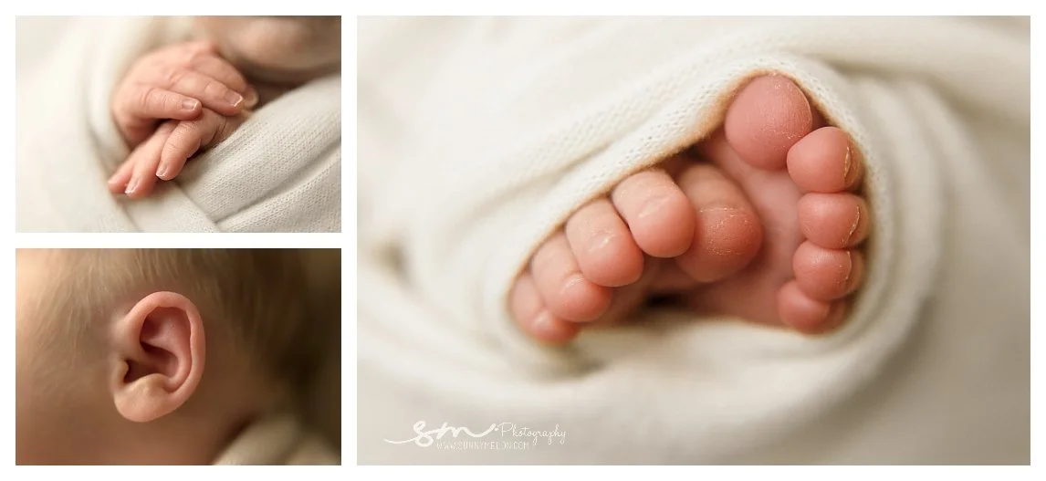 A three-image studio newborn macro collage in cream tones; the left top shows a close-up of tiny clasped fingers, the left bottom shows a macro shot of a baby's ear, and the large right frame captures tiny feet peeking out from a knit swaddle.