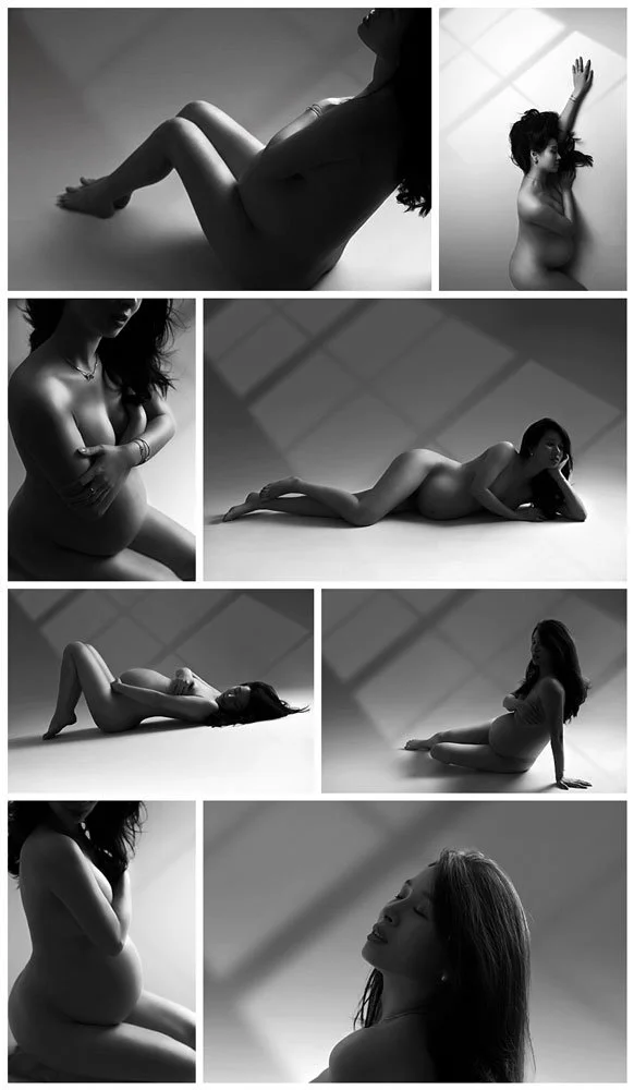 Portland, Oregon maternity photographer offering diverse, artistic boudoir posing for expectant mothers in a series of high-contrast black and white images with window light shadows.