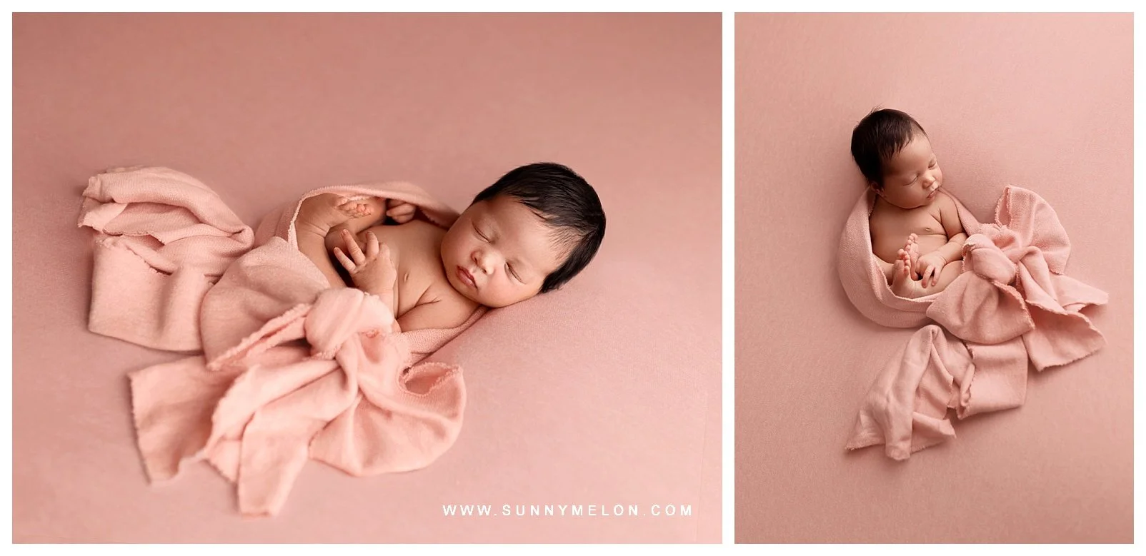 A side-by-side newborn collage: Left shows a sleeping baby girl wrapped in pink fabric on a matching backdrop; Right shows a wider view of the same baby tucked into a delicate pink wrap with a bow.