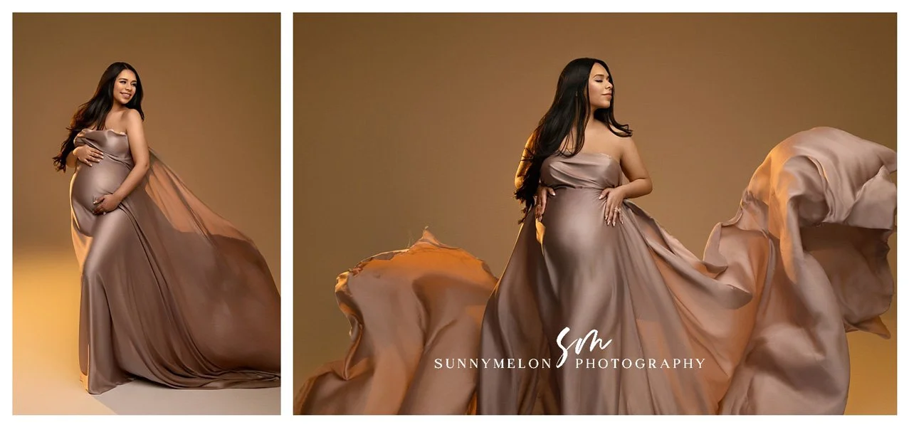 Luxury Fine Art Studio Maternity Session with Flowing Silk Gown