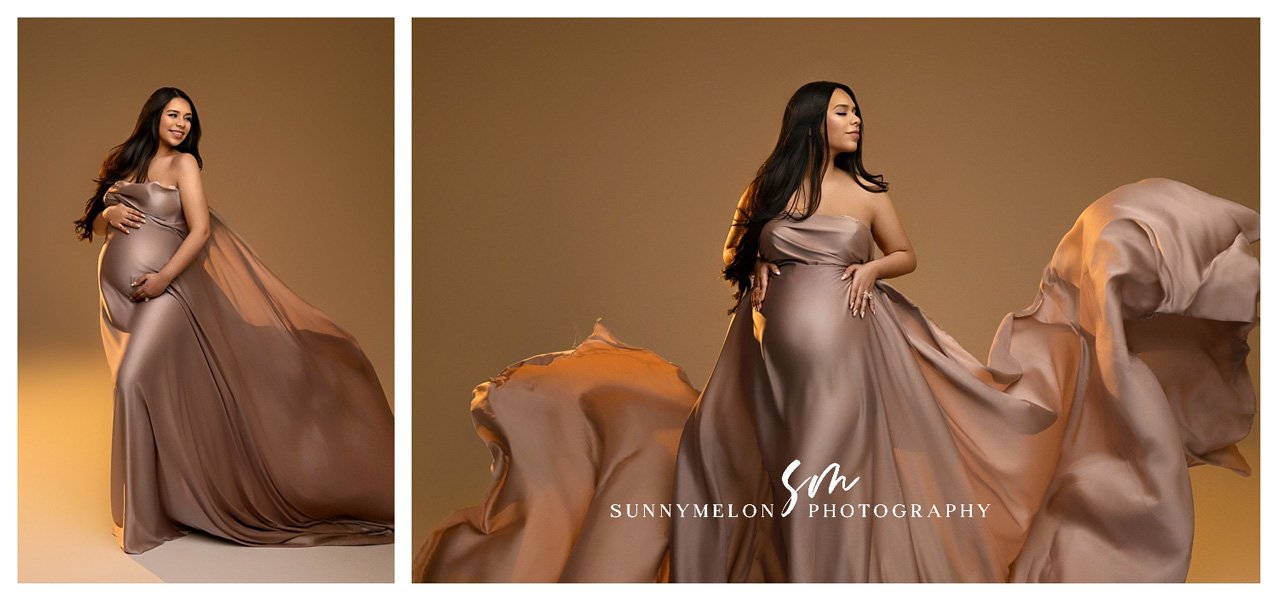 Studio maternity photography Portland Oregon highlighting baby bump with elegant lighting