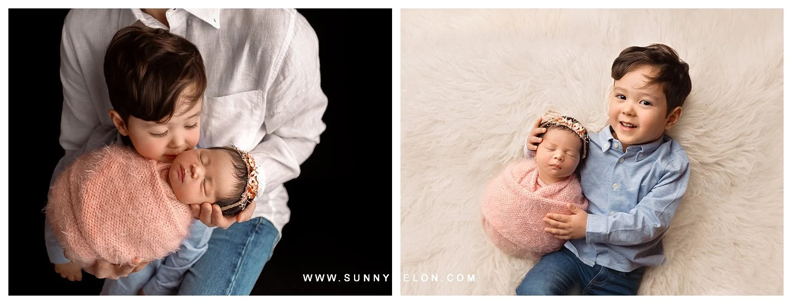 A side-by-side newborn collage: Left shows a boy gently holding and kissing his wrapped newborn sister against a dark background; Right shows both siblings lying happily on a white fluffy rug.