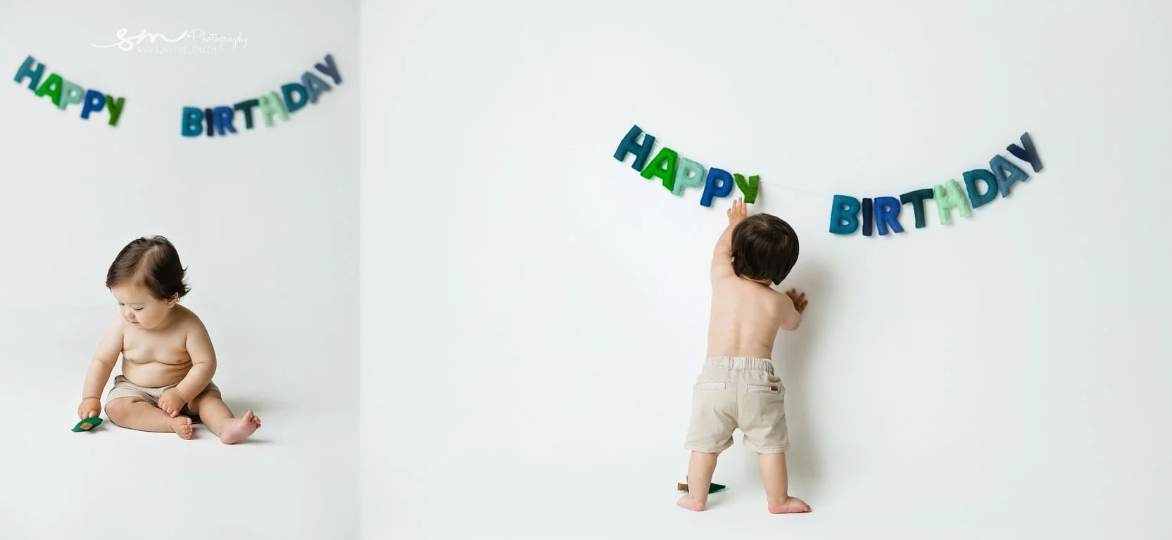 A first birthday photo collage of a baby boy in Portland, Oregon, sitting and reaching for a felt "HAPPY BIRTHDAY" banner against a white backdrop. Perfect for families wanting fine-art heirloom albums and gallery wall displays.
