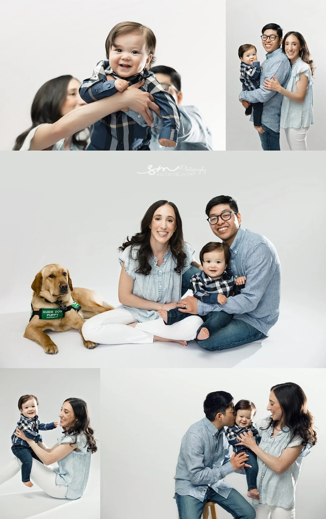 A five-image studio family portrait collage with parents, a baby boy, and a guide dog puppy in Portland, Oregon. These clean white backdrop milestone frames are perfect for fine-art heirloom albums and gallery wall displays.