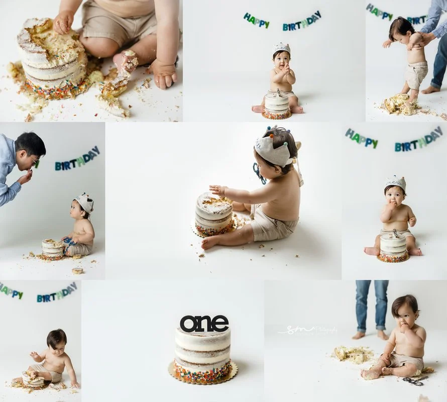 A first birthday cake smash collage of a baby boy in Portland, Oregon, smashing a simple cream layered naked cake against a white backdrop. Perfect for families wanting fine-art heirloom albums and gallery wall displays.