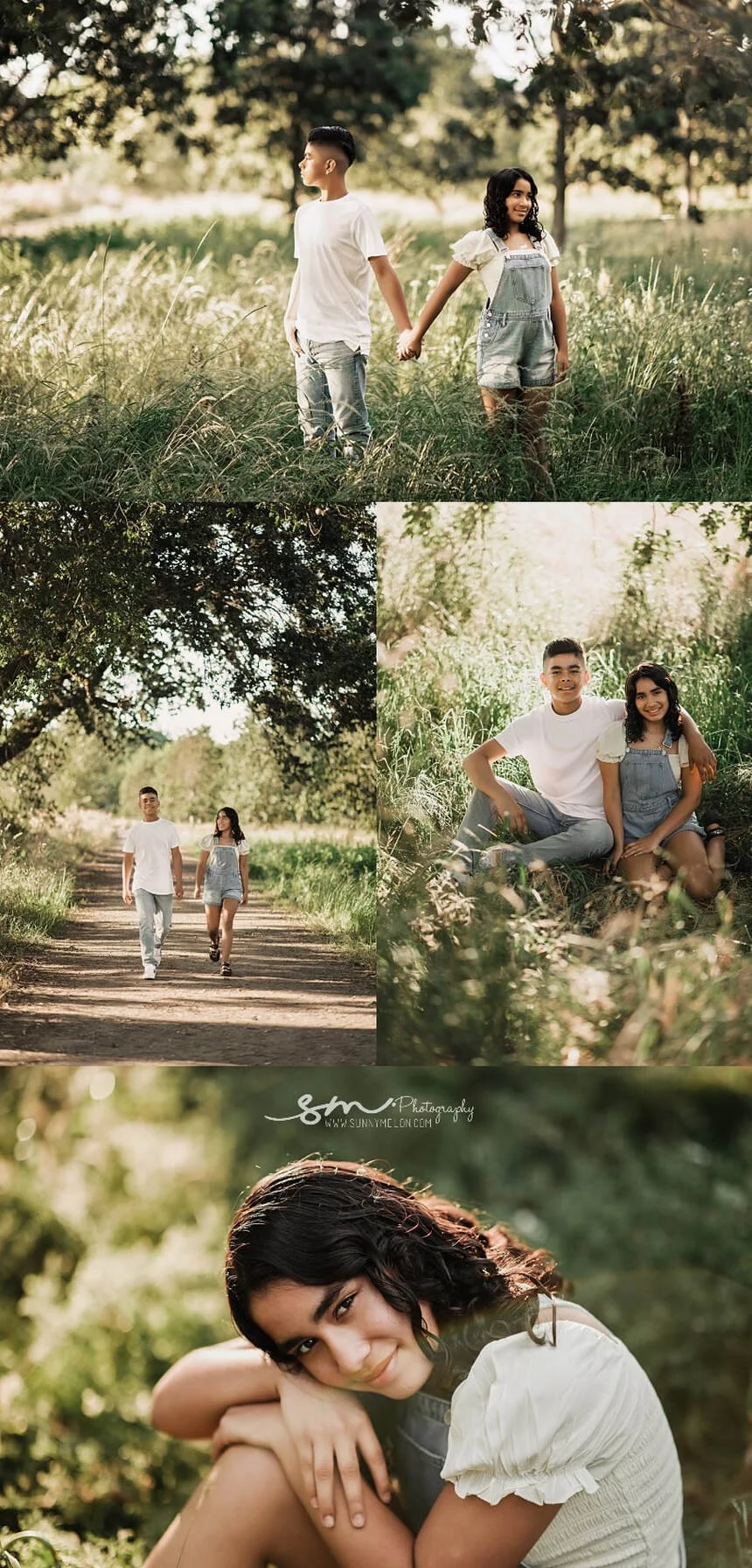 Outdoor lifestyle sibling portrait collage featuring a brother and sister walking, sitting in a sun-drenched grassy field, and a close-up portrait in West Linn, Oregon.