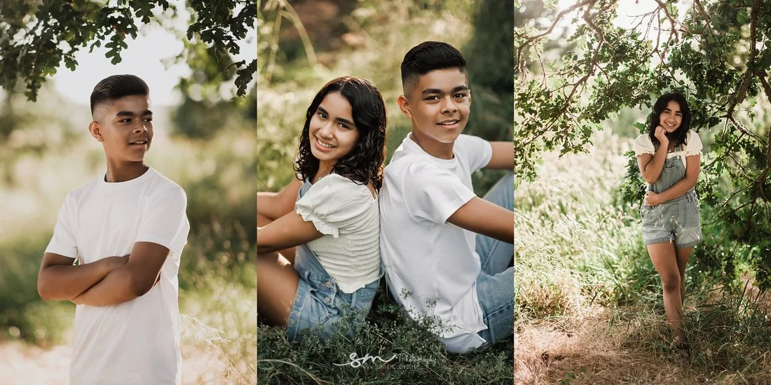 Outdoor lifestyle portrait collage of a teenage brother and sister posing together and individually in a sunlit, grassy park in Portland, Oregon.