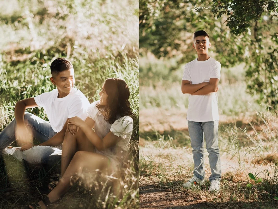 Outdoor lifestyle portrait collage featuring a teenage brother and sister sitting together in a grassy field and an individual portrait on a sunlit path in Portland, Oregon.