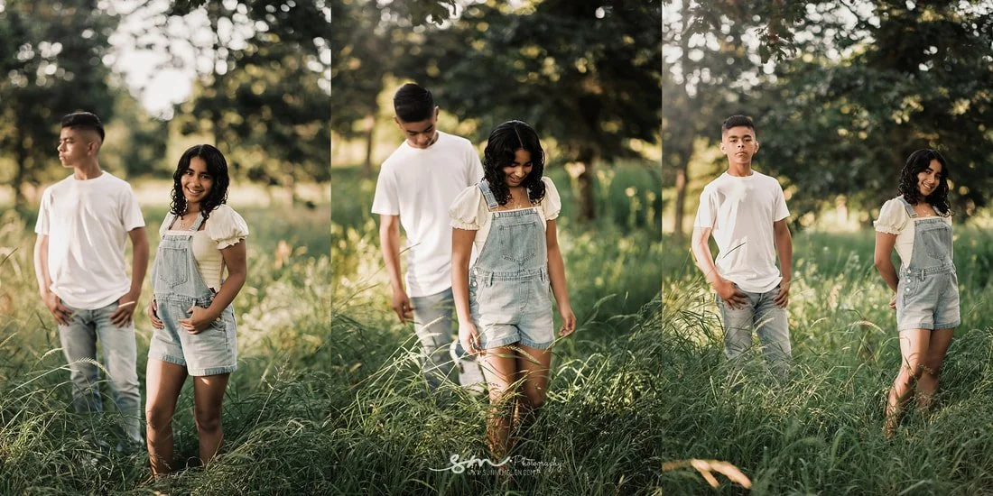 Outdoor lifestyle portrait collage of a teenage brother and sister posing and walking through a sunlit, grassy meadow in Portland, Oregon.