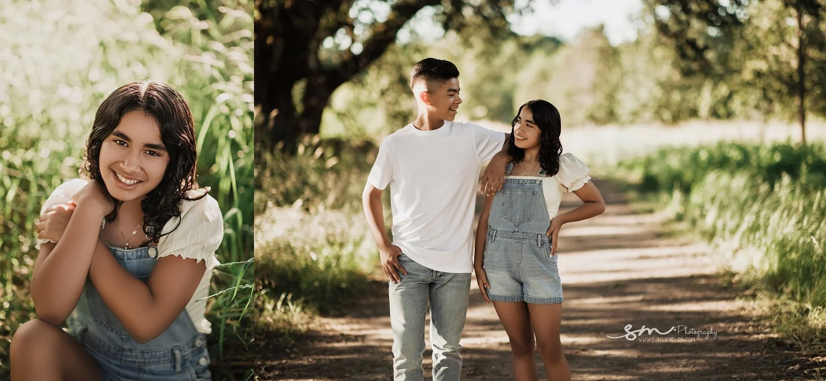 Outdoor lifestyle portrait collage featuring a close-up of a teenage girl and a candid shot of her walking with her brother down a sunlit dirt path in Portland, Oregon.