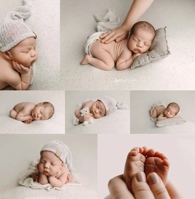 Fine-art newborn photography collage featuring a sleeping infant in soft, neutral grey and cream tones posing in a West Linn studio.
