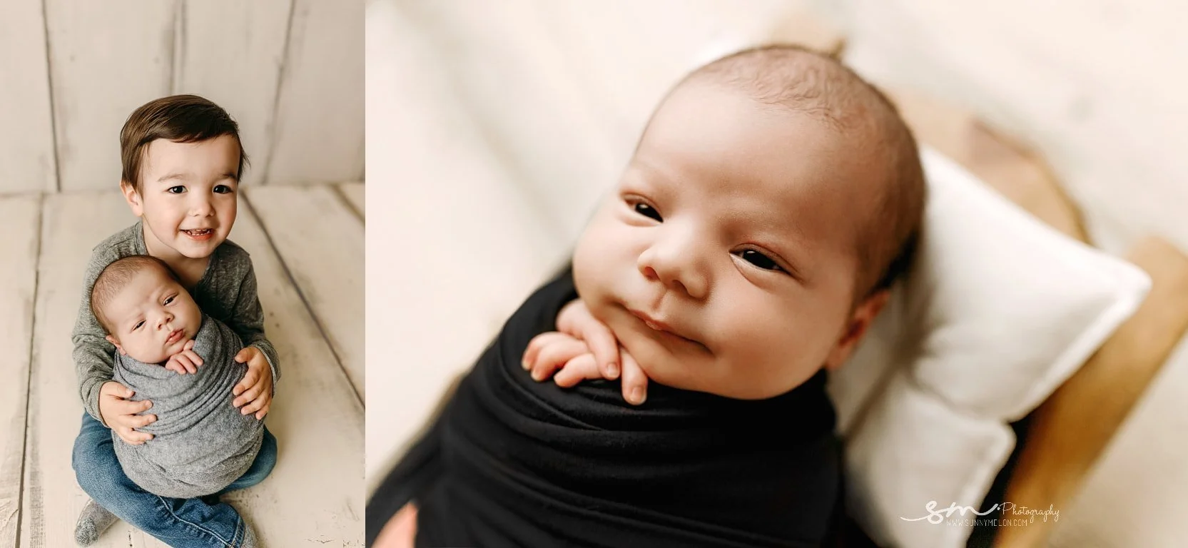 Fine-art studio portrait collage featuring a toddler smiling with his wrapped newborn sibling and a close-up macro portrait of the infant resting on a pillow in West Linn, Oregon.