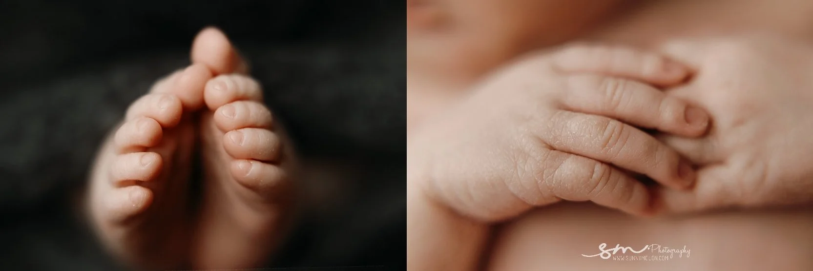 Fine-art newborn macro portrait collage featuring shallow depth-of-field close-ups of a baby's tiny feet and softly clasped hands in a West Linn studio.