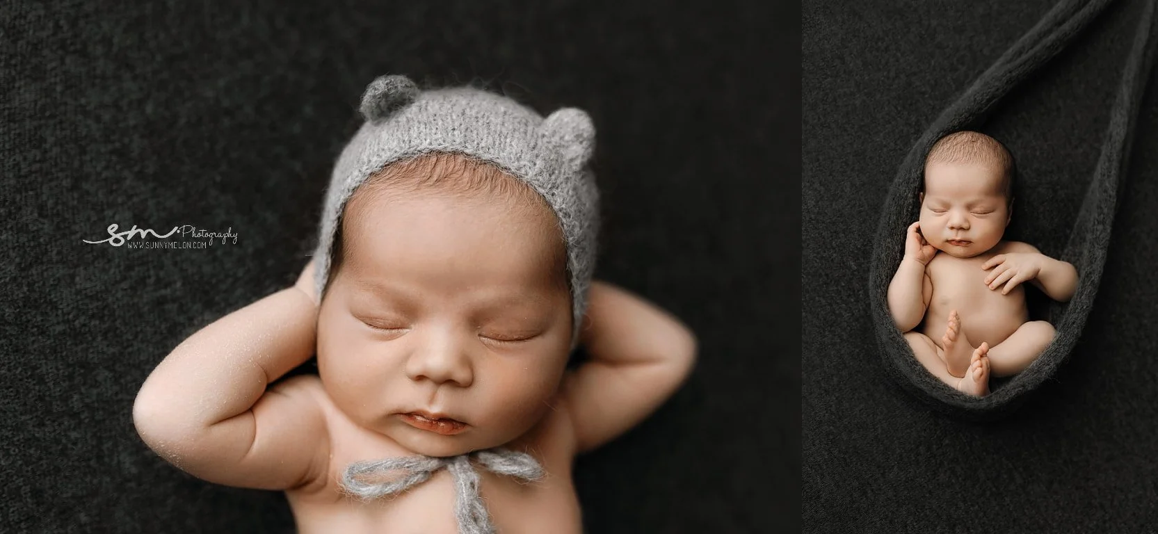 Fine-art newborn photography collage featuring a sleeping infant wearing a knit bear bonnet and posing in a charcoal grey hammock sling in a West Linn studio.