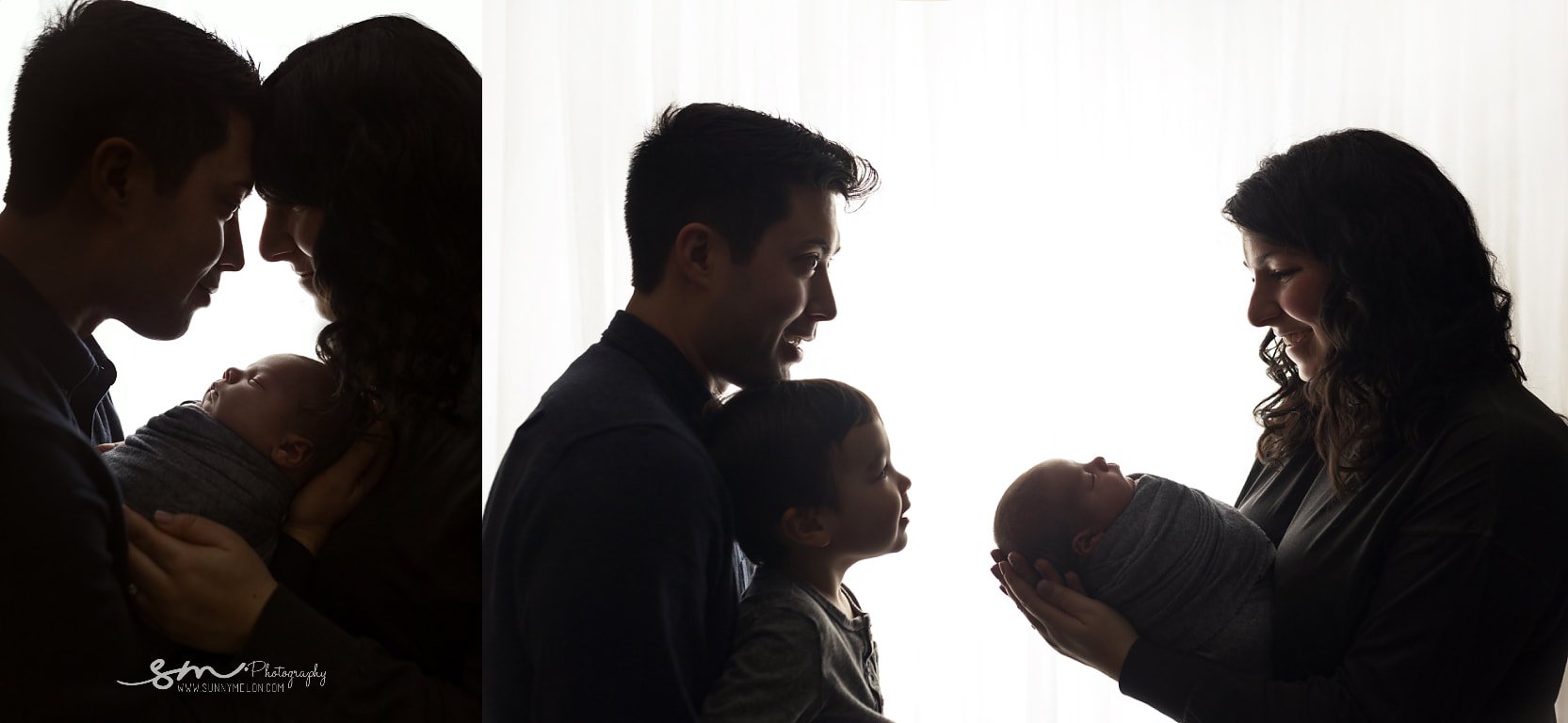 Fine-art backlit silhouette portrait collage featuring parents and their toddler son holding a wrapped newborn baby against a bright white background in a West Linn studio.