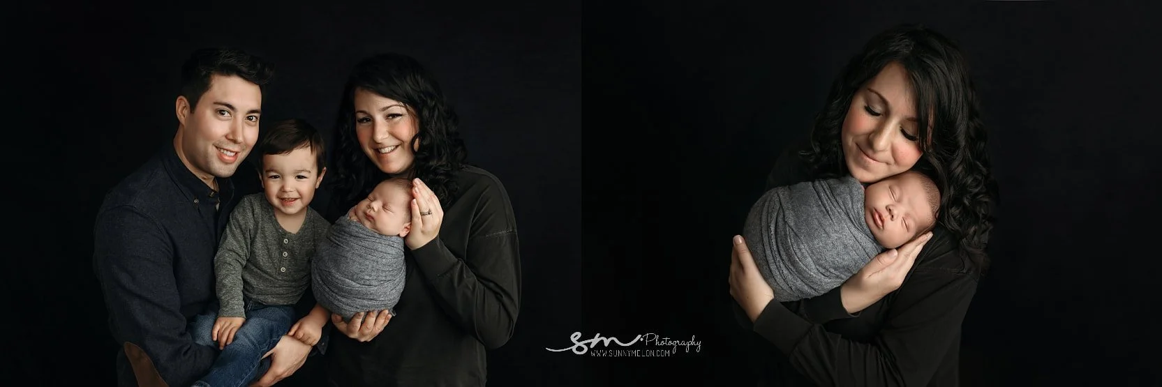Fine-art studio portrait collage featuring a family of four and an intimate mother-baby close-up on a minimalist black backdrop in West Linn, Oregon.