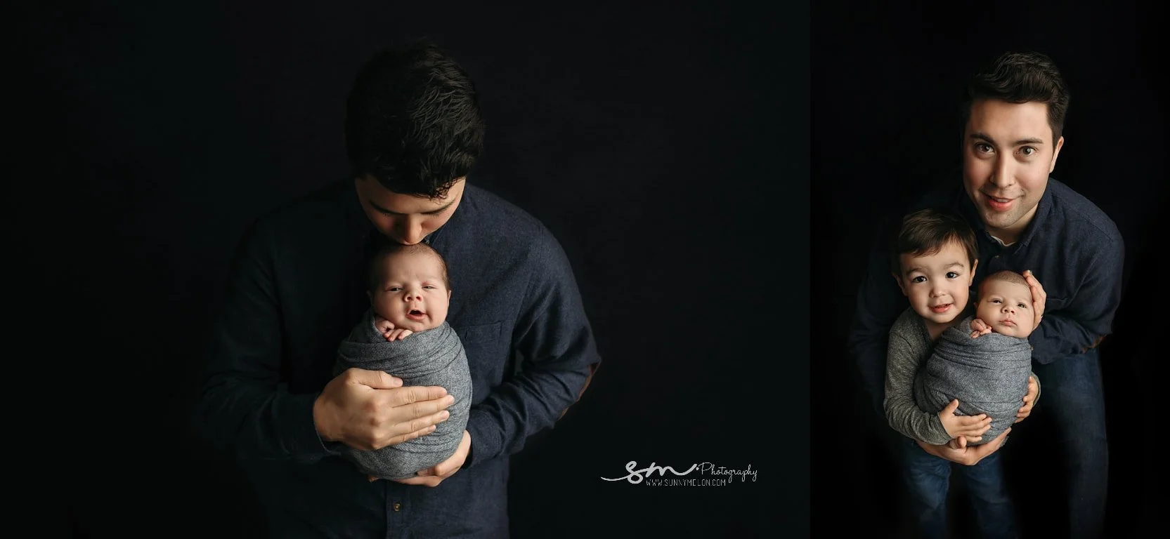 Fine-art studio portrait collage featuring a father kissing his wrapped newborn baby and a sibling portrait with a toddler son on a dark backdrop in West Linn, Oregon.