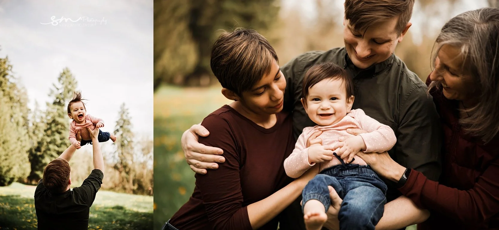 Outdoor family photography collage featuring a father tossing his laughing baby in the air and a close-up lifestyle portrait with the mother and grandmother in Tualatin, Oregon.