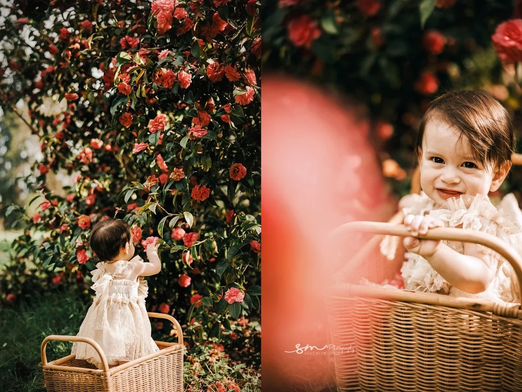 Outdoor baby portrait featuring a smiling infant sitting in a vintage wooden basket surrounded by yellow wildflowers in a Tualatin, Oregon meadow.