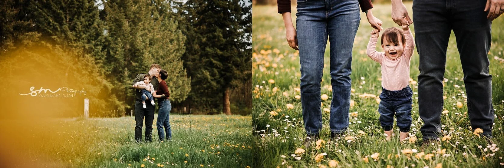 Joyful Tualatin, Oregon outdoor family portrait featuring parents with their baby in a field of green grass and wildflowers, with the baby standing and holding their hands.