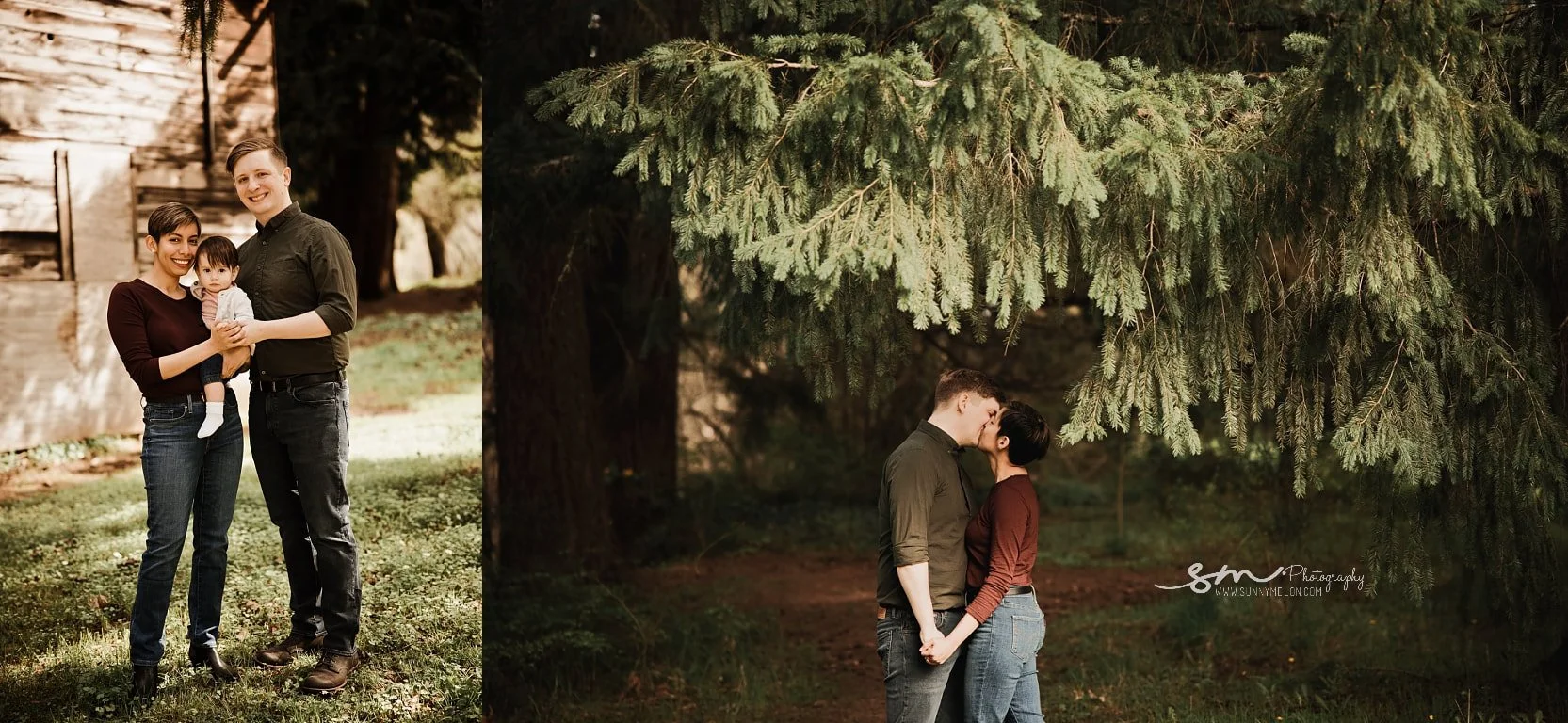 Tualatin, Oregon outdoor family portrait featuring parents holding their baby next to a rustic wooden building, and a tender moment of the parents kissing under lush evergreen trees.