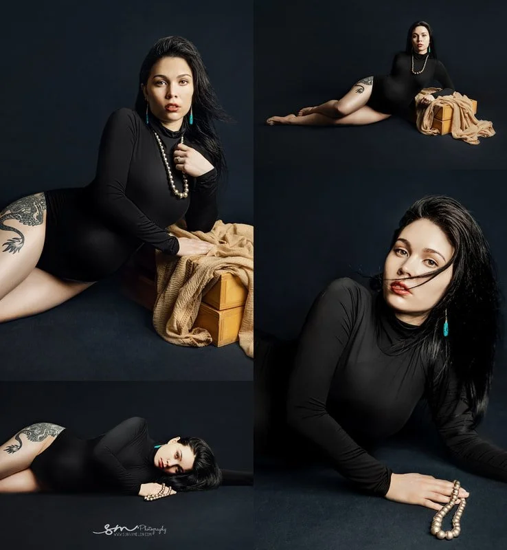 Studio boudoir maternity photo collage featuring a pregnant woman posing elegantly in a black long-sleeve bodysuit, pearls, and turquoise earrings against a dark background.