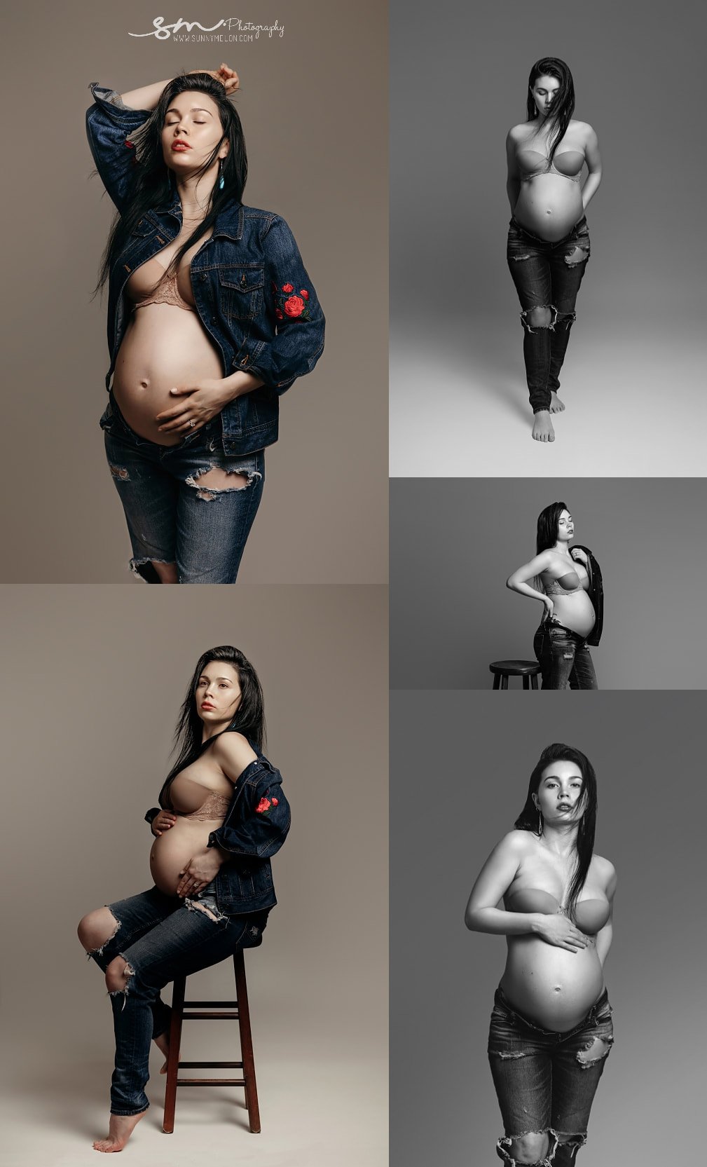 Studio boudoir maternity photo collage featuring a pregnant woman posing in distressed denim jeans, a bra, and a denim jacket across color and black-and-white portraits.