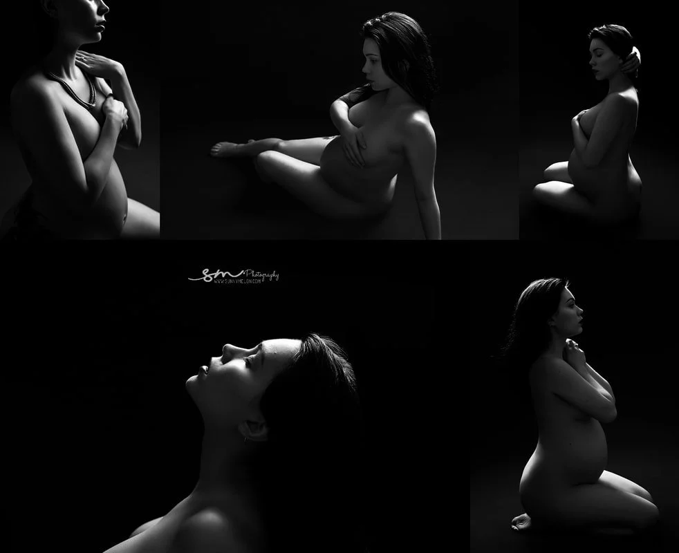 Fine-art black and white maternity boudoir collage featuring a pregnant woman in a collection of dramatic, low-key studio portraits highlighting the silhouette of her baby bump.