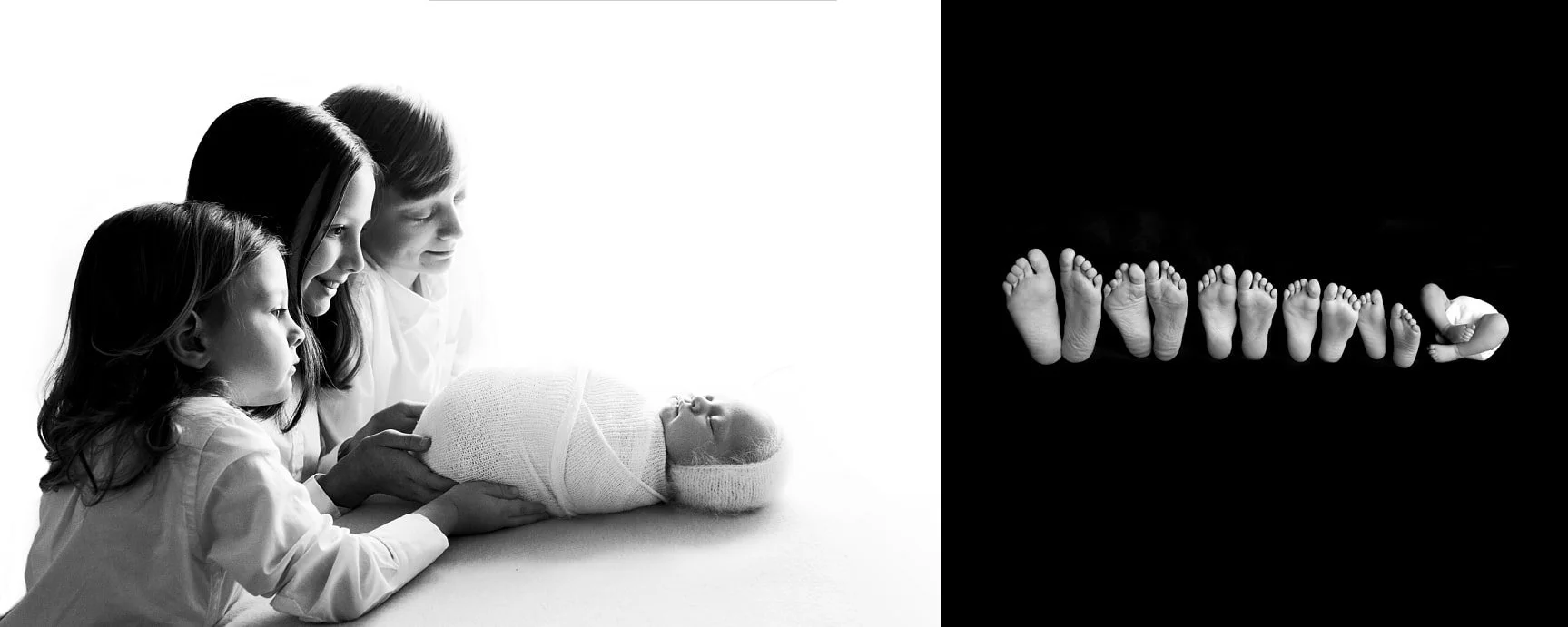 A high-contrast black and white collage featuring three siblings looking at their newborn brother alongside a creative "feet lineup" of all four children.