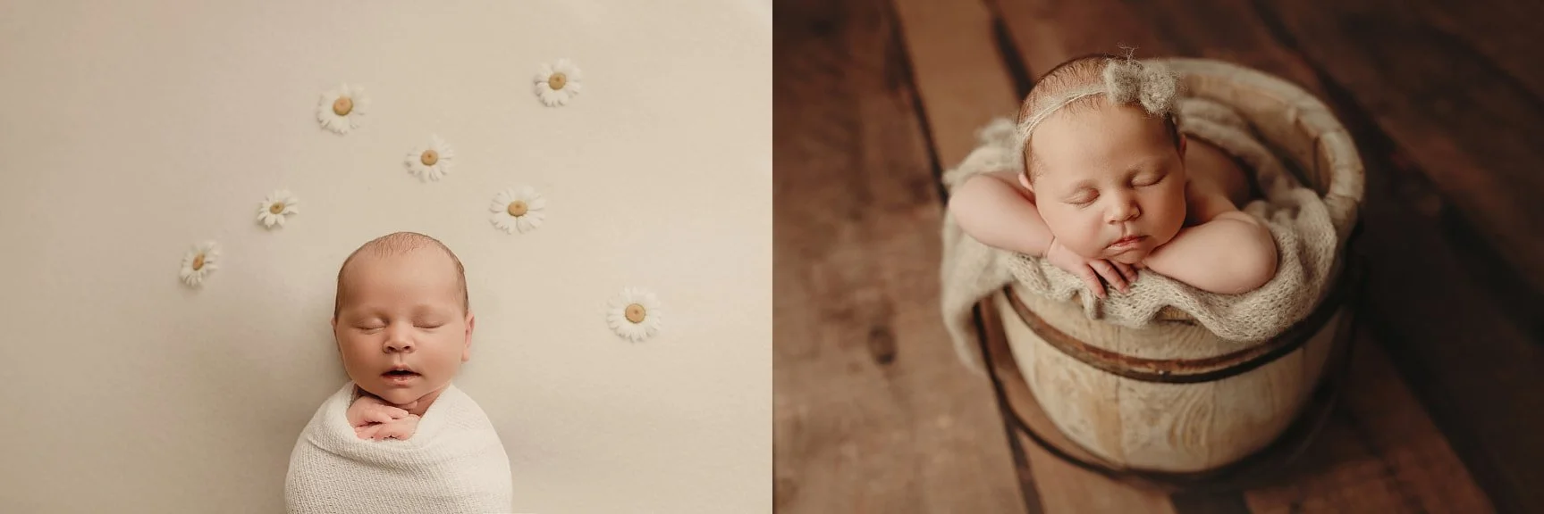 A side-by-side studio collage: the left features a swaddled newborn sleeping under scattered daisies on a cream backdrop; the right shows the infant in a "chin on hands" pose inside a rustic wooden bucket on dark wood floors.