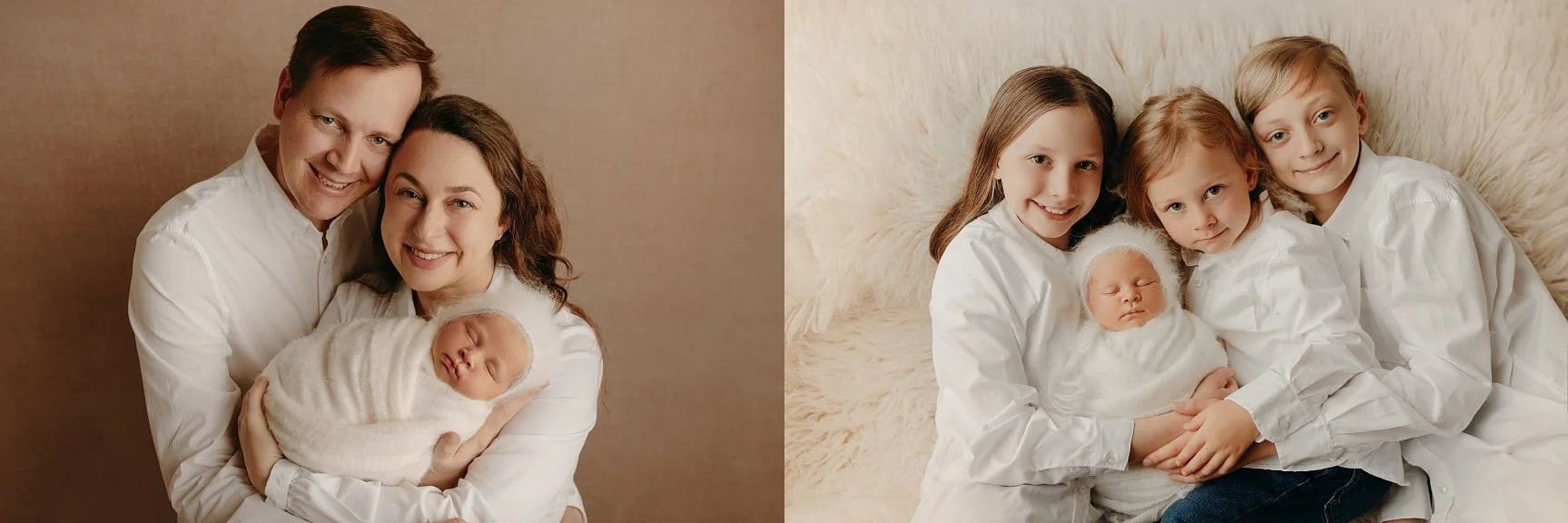 A side-by-side studio collage of a family in white: the left shows parents holding their swaddled newborn, while the right features three siblings posing with the baby on a white fur rug.