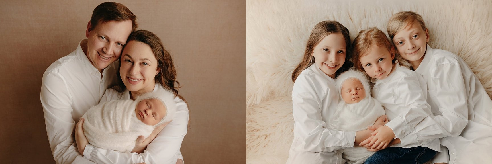 Classic newborn family diptych showing parents holding their swaddled baby, and older siblings lovingly posing with the newborn, for studio photography in Portland (PDX).