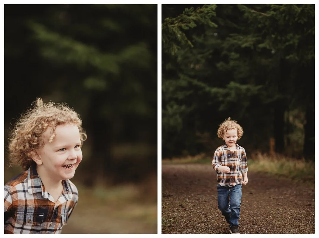 A two-image collage of a young boy with blonde curly hair wearing a plaid shirt; one frame is a joyful close-up, and the other shows him walking along a dirt path in a Portland forest.