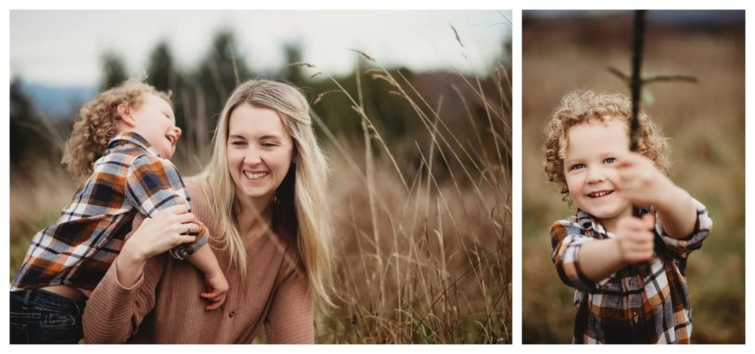 A two-image collage of a mother and young son laughing in a field of tall grass, and a close-up of the boy holding a stick.