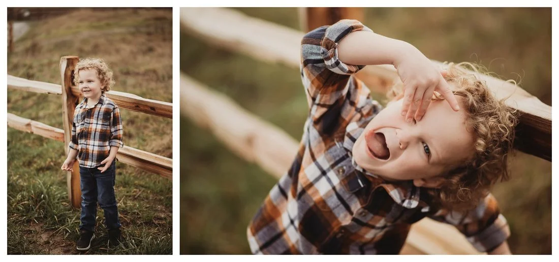 A two-image collage of a young boy with blonde curly hair in a plaid shirt; one frame shows him standing by a wooden fence, and the other is a playful close-up of him sticking out his tongue.