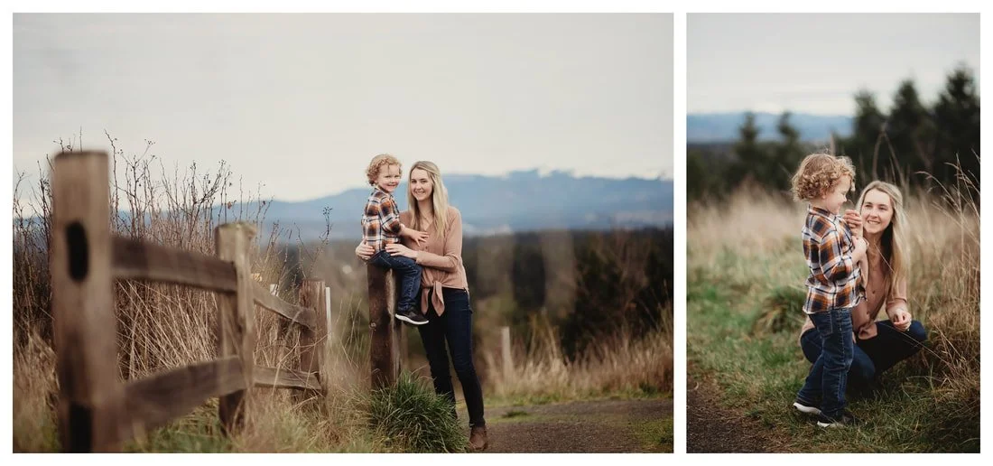A two-image collage of a mother and her young son with curly hair posing by a rustic wooden fence with rolling hills and blue mountains in the background.