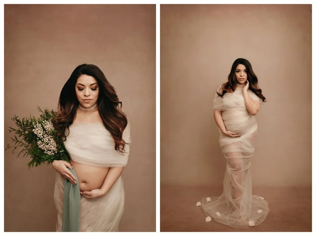 A two-image collage: the left, a pregnant woman looks down while holding a bouquet of greenery; the right, she stands in a full-length pose wrapped in sheer white tulle against a warm brown backdrop.