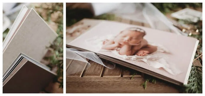 A two-image collage showing professional heirloom photo album; the left side shows the spine and linen cover, and the right side shows an open page of a newborn portrait resting on a wooden table.