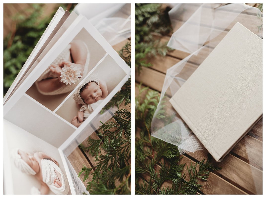 A collage showing a professional newborn photo album: the left, features close-ups of a baby's feet and sleeping face; the right, the closed light-grey linen album cover rests on a wooden table.