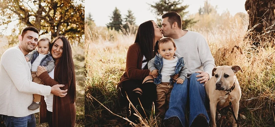 A family photography collage: left shows a mother, father, and toddler smiling together; right shows parents kissing while the toddler sits between them and their dog sits nearby in a sunlit field.