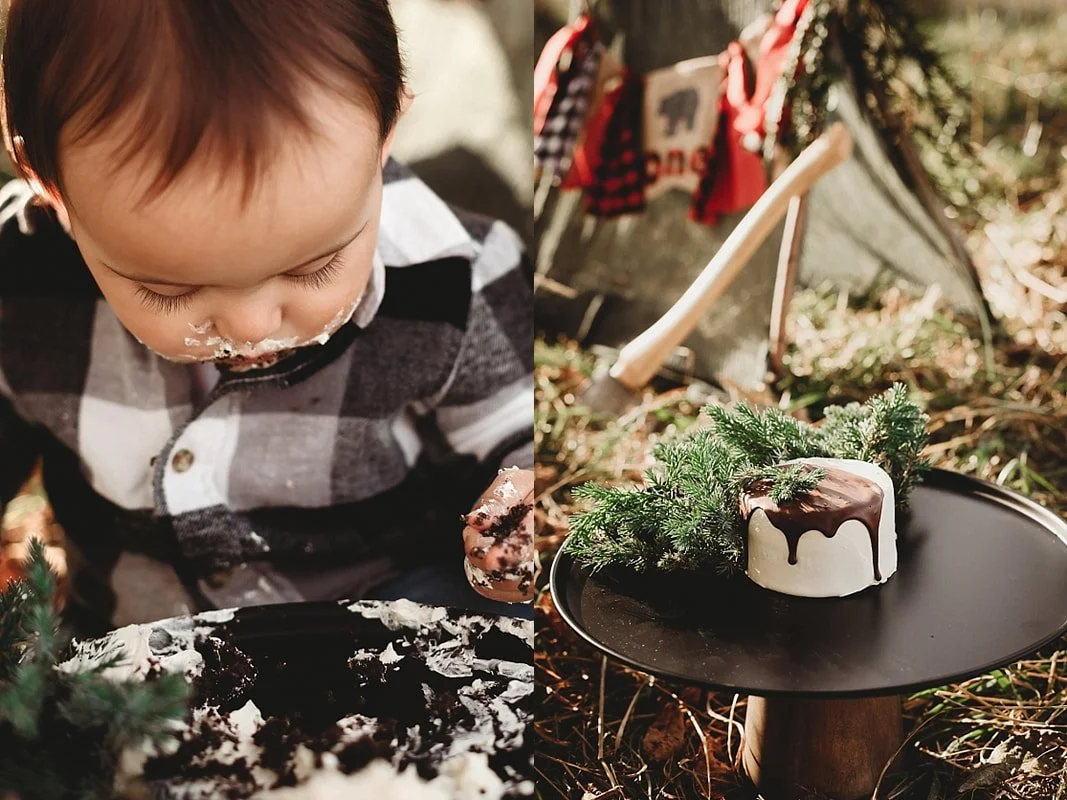 Two-image collage: Left, a close-up of a toddler with chocolate cake on his face. Right, a white drip cake with pine decor on a stand before a rustic tent.