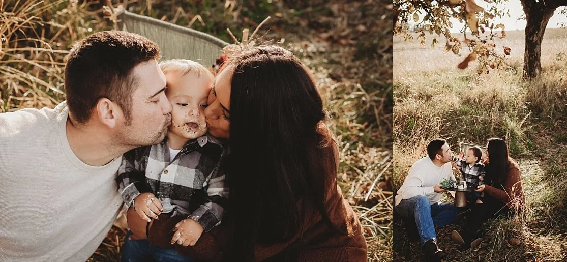 A two-image collage: on the left, parents kiss their son's frosting-covered cheeks; on the right, the family sits together in a field during a rustic outdoor cake smash session.