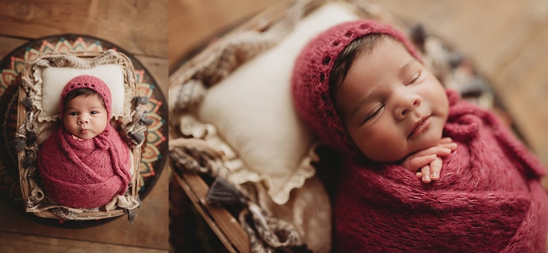 A two-image collage of a newborn baby girl; on the left, she looks at the camera while wrapped in a magenta swaddle, and on the right, a close-up shows her sleeping peacefully with a slight smile.