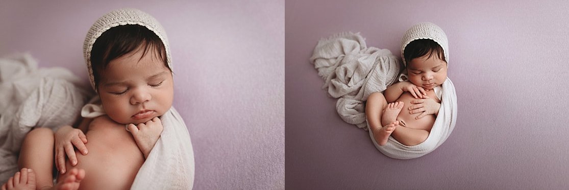A two-image collage of a sleeping newborn baby girl; the left side is a close-up of her face, and the right side shows her in a peaceful womb-style pose on a soft lavender backdrop.