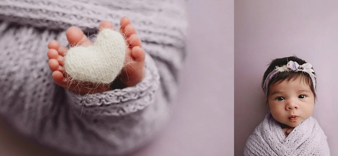 Two-image collage: Left, a macro shot of a newborn's feet holding a knit heart. Right, a portrait of the baby girl alert in a lavender swaddle and floral headband.