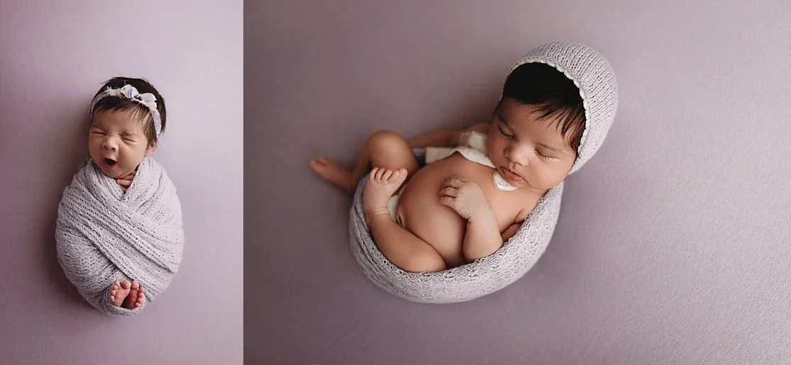 Gemini said Two-image collage: Left, a newborn girl yawning in a lavender swaddle. Right, the baby sleeping in a curled womb-style pose wearing a knit lavender bonnet.