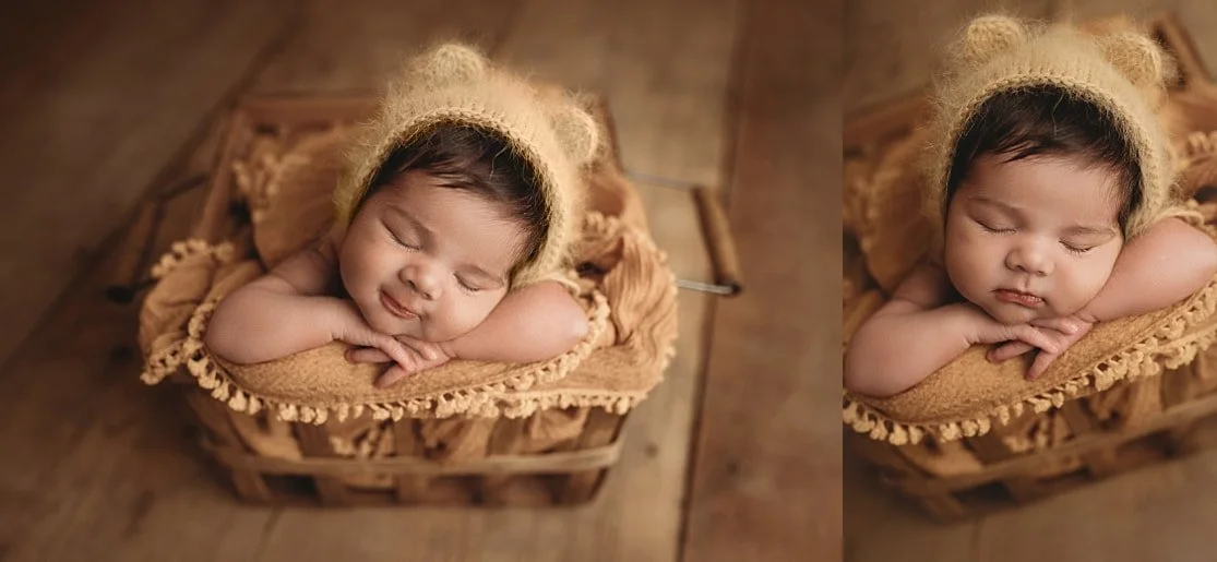 Two-image collage: Left, a sleeping newborn girl smiling in a fuzzy bear-ear bonnet. Right, a close-up of her sleeping peacefully in a rustic basket.