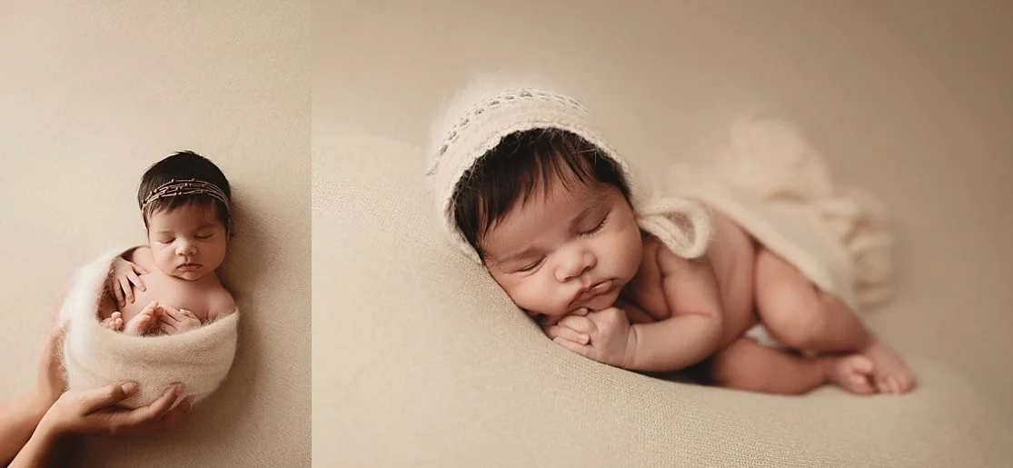 A two-image collage of a sleeping newborn baby girl; the left side shows her being held in a cream swaddle, and the right side shows her in a "froggy" or womb-style pose on a cream-colored backdrop.