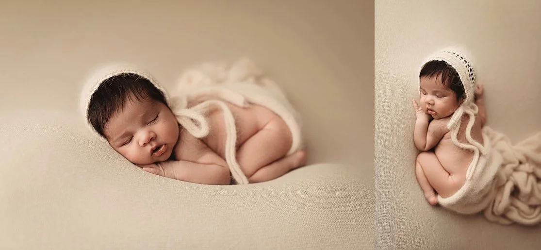 Two-image collage: Left, a newborn girl in a curled "bum up" pose. Right, her side profile in a natural womb-style position. Both set in a cream studio.